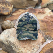 Load image into Gallery viewer, distressed camo criss cross high pony c.c. beanie ball caps