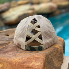 Load image into Gallery viewer, distressed camo criss cross high pony c.c. beanie ball caps