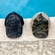 Load image into Gallery viewer, distressed camo criss cross high pony c.c. beanie ball caps