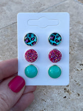 Load image into Gallery viewer, Teal & Pink Leopard, Hot Pink, & Teal Druzy Stud Earrings Set