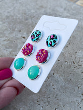Load image into Gallery viewer, Teal & Pink Leopard, Hot Pink, & Teal Druzy Stud Earrings Set