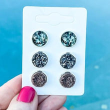 Load image into Gallery viewer, Camo, Gunmetal, and Beige Druzy Stud Earrings Set