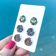 Load image into Gallery viewer, Camo, Gunmetal, and Beige Druzy Stud Earrings Set