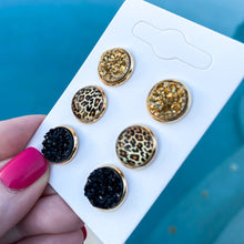 Load image into Gallery viewer, Leopard, Gold, & Black Druzy Stud Earrings Set