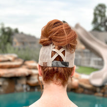 Load image into Gallery viewer, Distressed Camo Criss-Cross High Pony Ball Cap