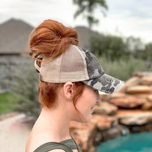 Load image into Gallery viewer, Distressed Camo Criss-Cross High Pony Ball Cap