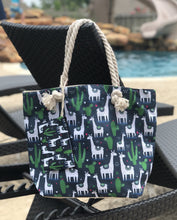 Load image into Gallery viewer, Tote Bag with Zipper Pouch - Navy Llama & Cactus Print