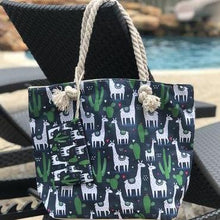 Load image into Gallery viewer, Tote Bag with Zipper Pouch - Navy Llama & Cactus Print