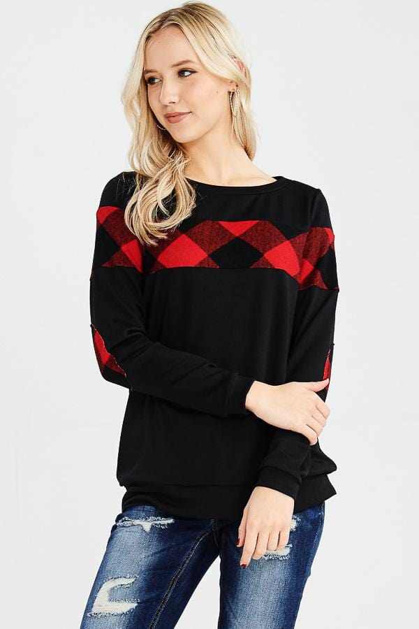 Paige Red & Black Plaid Top with Elbow Patches