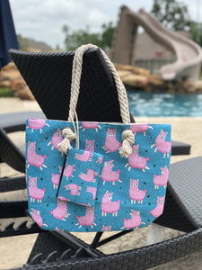 Tote Bag with Zipper Pouch - Aqua Llama Print
