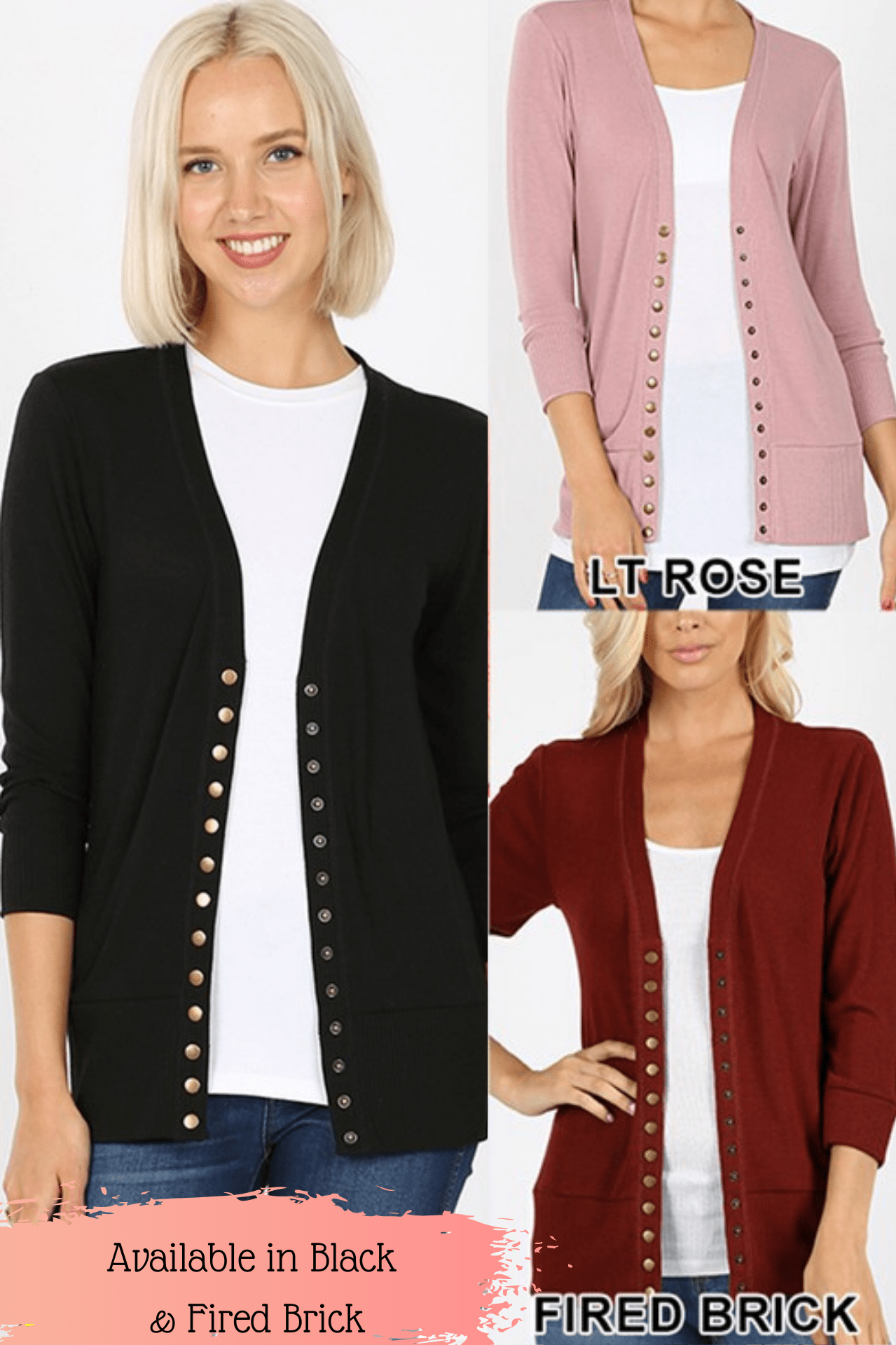 Dixieland Dreams Tara 3 4 Sleeve Snap Up Sweater Cardigan 2 Colors Available L Fired Brick
