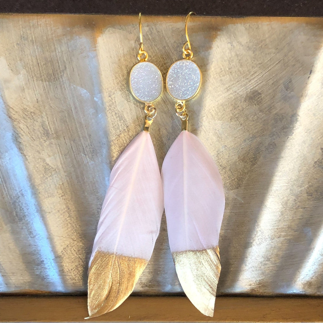 Abbey White Druzy & Pink Gold-Dipped Feather Earrings