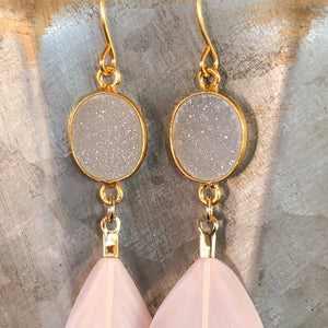 Abbey White Druzy & Pink Gold-Dipped Feather Earrings