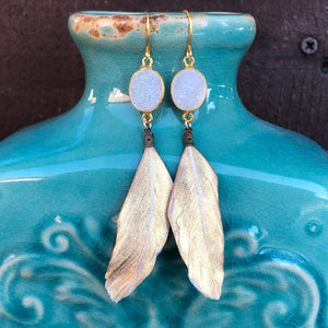 Abbey White Druzy & Gold Dipped Feather Earrings