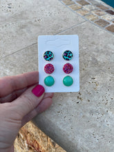 Load image into Gallery viewer, Teal &amp; Pink Leopard, Hot Pink, &amp; Teal Druzy Stud Earrings Set