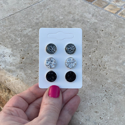 Snow Leopard, Silver, & Black Druzy Stud Earrings Set