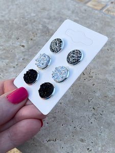 Snow Leopard, Silver, & Black Druzy Stud Earrings Set
