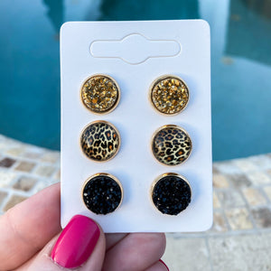 Leopard, Gold, & Black Druzy Stud Earrings Set
