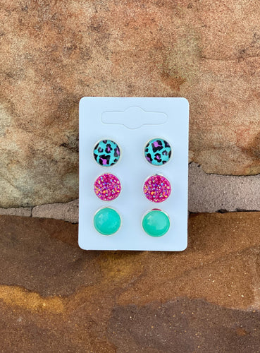 Teal & Pink Leopard, Hot Pink, & Teal Druzy Stud Earrings Set