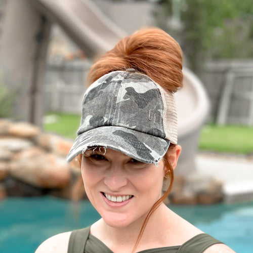 Distressed Camo Criss-Cross High Pony Ball Cap