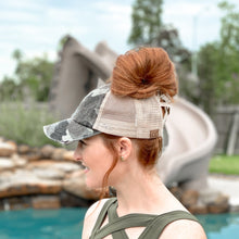 Load image into Gallery viewer, Distressed Camo Criss-Cross High Pony Ball Cap