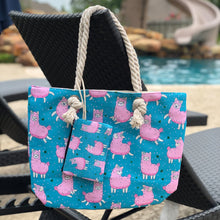 Load image into Gallery viewer, Tote Bag with Zipper Pouch - Aqua Llama Print