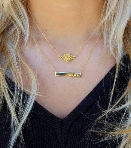 Kelly Layered Gold Druzy & Mama Gold Bar Necklace