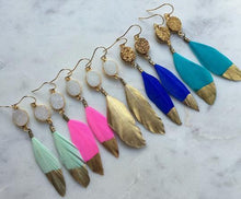 Load image into Gallery viewer, Abbey White Druzy &amp; Gold Dipped Feather Earrings
