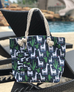 Tote Bag with Zipper Pouch - Navy Llama & Cactus Print